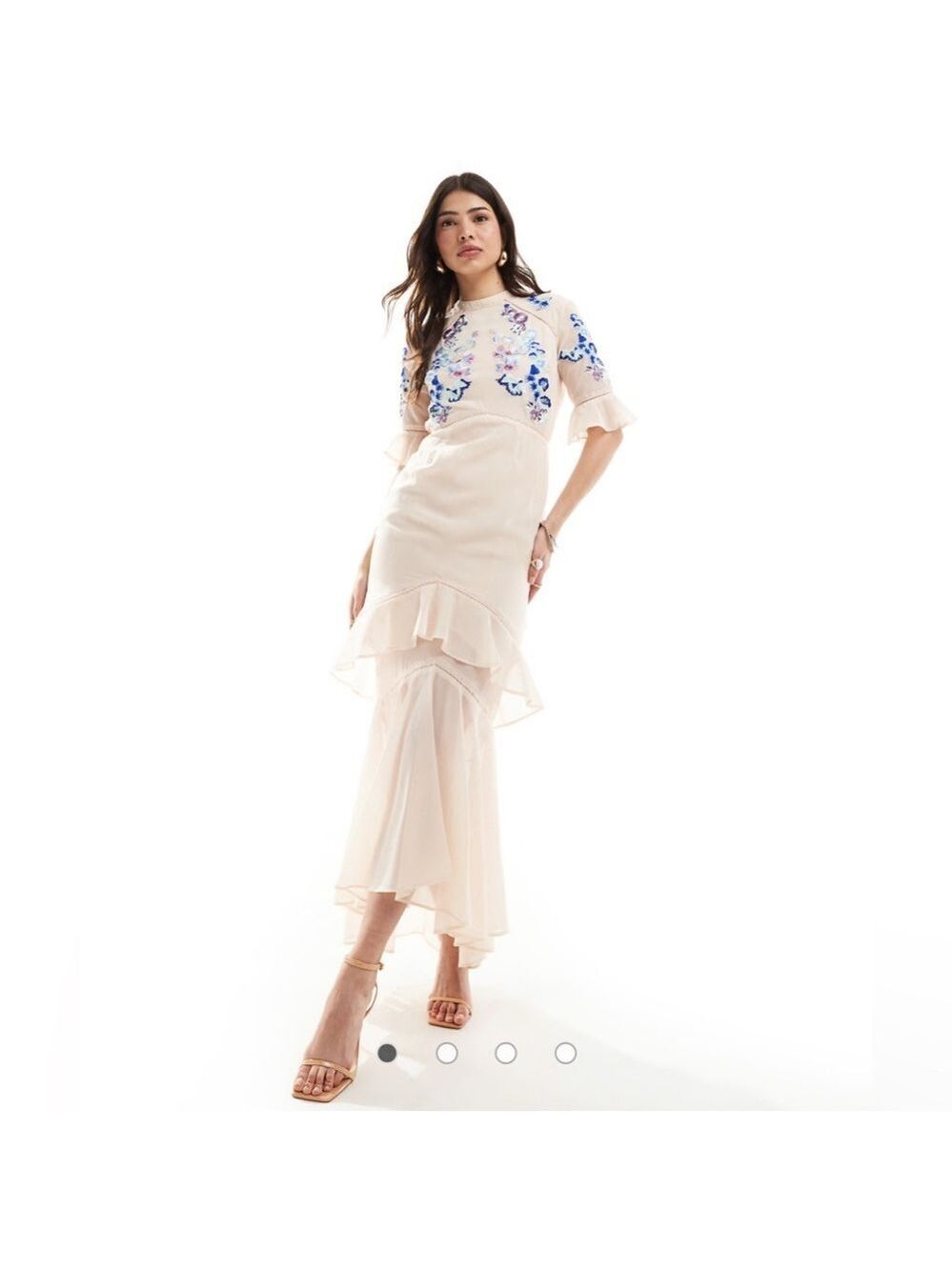 Hope & Ivy tiered maxi dress lace trim blush blue contrast embroidery XS floral